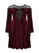 Black Red Lace Mesh Patchwork Velvet Rose Embossed Chest Embroidery Patch With Flared Sleeves Gothic Style Long Sleeved Dress
