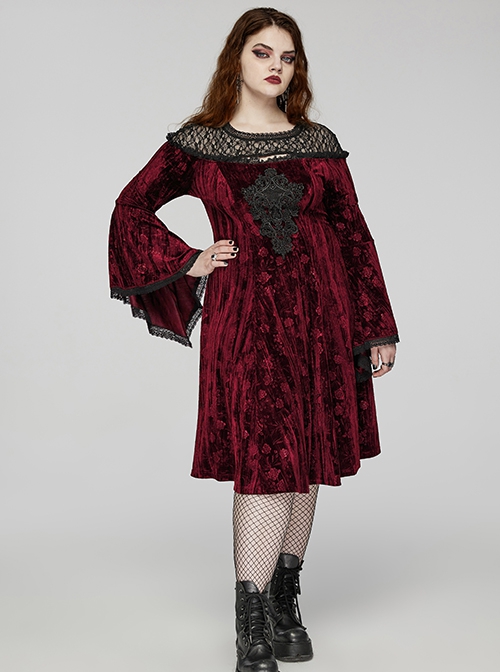 Black Red Lace Mesh Patchwork Velvet Rose Embossed Chest Embroidery Patch With Flared Sleeves Gothic Style Long Sleeved Dress