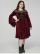 Black Red Lace Mesh Patchwork Velvet Rose Embossed Chest Embroidery Patch With Flared Sleeves Gothic Style Long Sleeved Dress