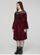 Black Red Lace Mesh Patchwork Velvet Rose Embossed Chest Embroidery Patch With Flared Sleeves Gothic Style Long Sleeved Dress
