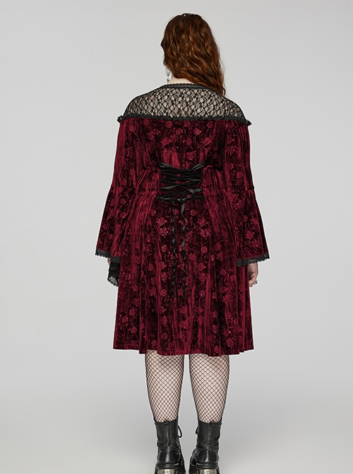 Black Red Lace Mesh Patchwork Velvet Rose Embossed Chest Embroidery Patch With Flared Sleeves Gothic Style Long Sleeved Dress