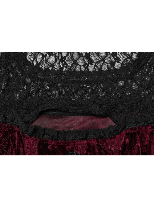 Black Red Lace Mesh Patchwork Velvet Rose Embossed Chest Embroidery Patch With Flared Sleeves Gothic Style Long Sleeved Dress