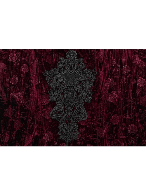 Black Red Lace Mesh Patchwork Velvet Rose Embossed Chest Embroidery Patch With Flared Sleeves Gothic Style Long Sleeved Dress