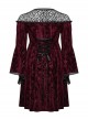 Black Red Lace Mesh Patchwork Velvet Rose Embossed Chest Embroidery Patch With Flared Sleeves Gothic Style Long Sleeved Dress