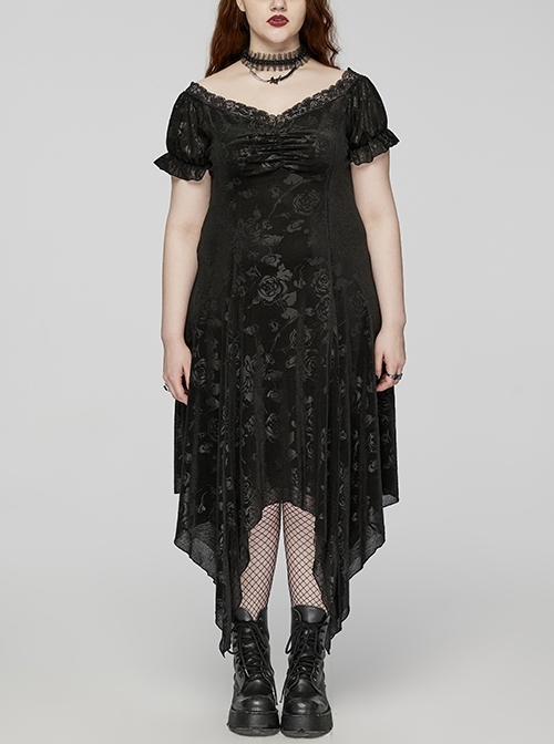 Sexy Black Lace Neckline Rose Velvet Embossed Front Chest Pleated Irregular Hem Gothic Style Short Sleeve Dress