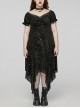 Sexy Black Lace Neckline Rose Velvet Embossed Front Chest Pleated Irregular Hem Gothic Style Short Sleeve Dress