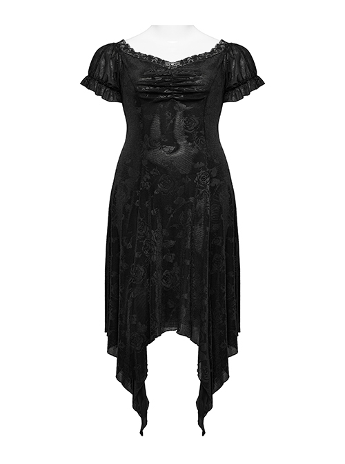 Sexy Black Lace Neckline Rose Velvet Embossed Front Chest Pleated Irregular Hem Gothic Style Short Sleeve Dress