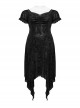 Sexy Black Lace Neckline Rose Velvet Embossed Front Chest Pleated Irregular Hem Gothic Style Short Sleeve Dress