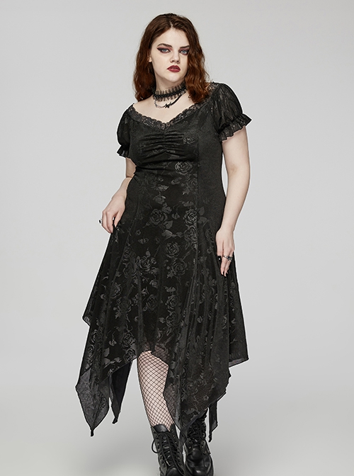 Sexy Black Lace Neckline Rose Velvet Embossed Front Chest Pleated Irregular Hem Gothic Style Short Sleeve Dress