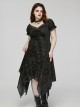 Sexy Black Lace Neckline Rose Velvet Embossed Front Chest Pleated Irregular Hem Gothic Style Short Sleeve Dress