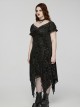 Sexy Black Lace Neckline Rose Velvet Embossed Front Chest Pleated Irregular Hem Gothic Style Short Sleeve Dress