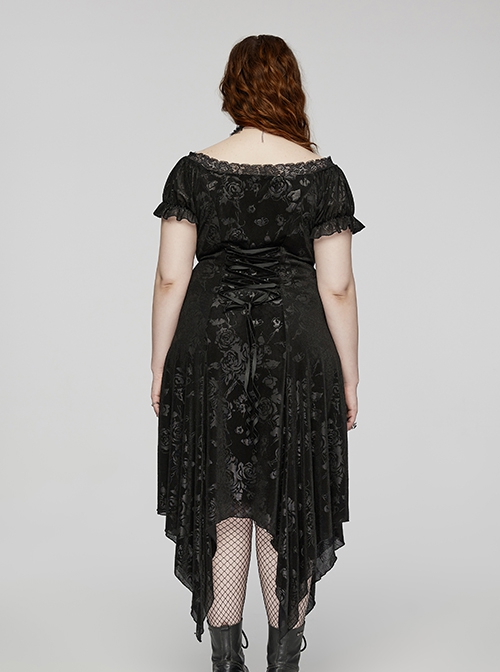 Sexy Black Lace Neckline Rose Velvet Embossed Front Chest Pleated Irregular Hem Gothic Style Short Sleeve Dress