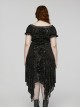 Sexy Black Lace Neckline Rose Velvet Embossed Front Chest Pleated Irregular Hem Gothic Style Short Sleeve Dress