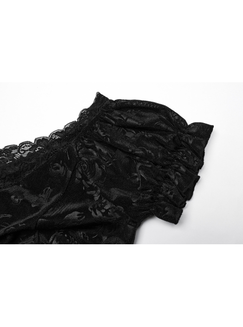 Sexy Black Lace Neckline Rose Velvet Embossed Front Chest Pleated Irregular Hem Gothic Style Short Sleeve Dress