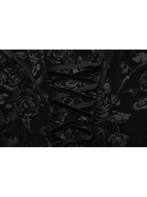 Sexy Black Lace Neckline Rose Velvet Embossed Front Chest Pleated Irregular Hem Gothic Style Short Sleeve Dress