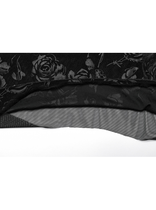 Sexy Black Lace Neckline Rose Velvet Embossed Front Chest Pleated Irregular Hem Gothic Style Short Sleeve Dress