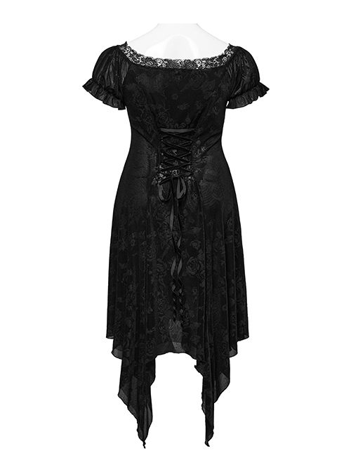 Sexy Black Lace Neckline Rose Velvet Embossed Front Chest Pleated Irregular Hem Gothic Style Short Sleeve Dress