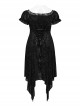 Sexy Black Lace Neckline Rose Velvet Embossed Front Chest Pleated Irregular Hem Gothic Style Short Sleeve Dress