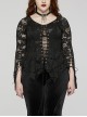 Black Elastic Lace Slim Fit Slightly Transparent Front Cuffs With Tie Design Gothic Style V-Neck Long Sleeved T-Shirt