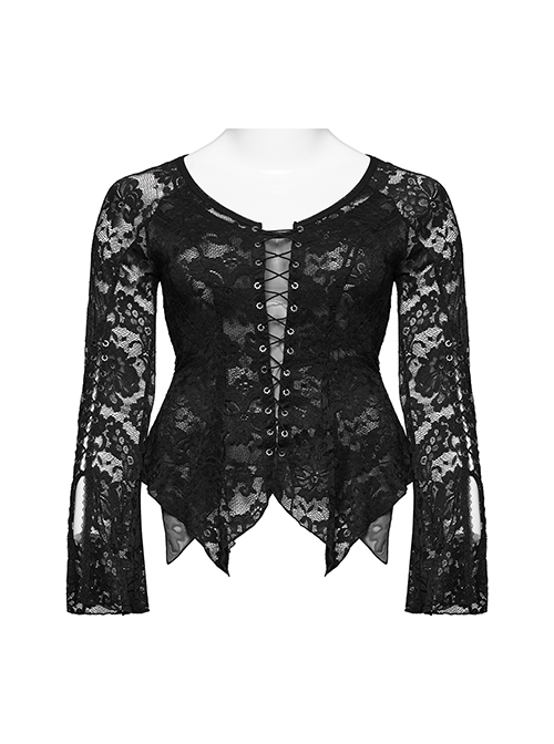 Black Elastic Lace Slim Fit Slightly Transparent Front Cuffs With Tie Design Gothic Style V-Neck Long Sleeved T-Shirt