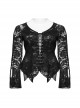 Black Elastic Lace Slim Fit Slightly Transparent Front Cuffs With Tie Design Gothic Style V-Neck Long Sleeved T-Shirt