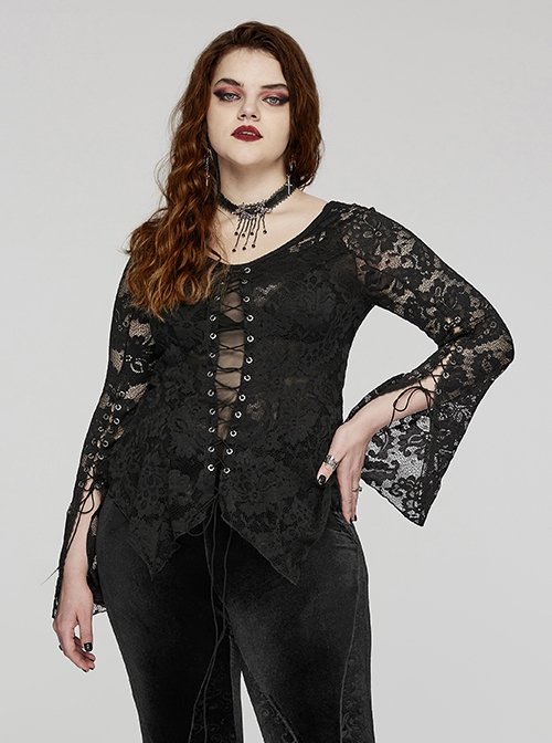 Black Elastic Lace Slim Fit Slightly Transparent Front Cuffs With Tie Design Gothic Style V-Neck Long Sleeved T-Shirt