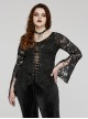 Black Elastic Lace Slim Fit Slightly Transparent Front Cuffs With Tie Design Gothic Style V-Neck Long Sleeved T-Shirt