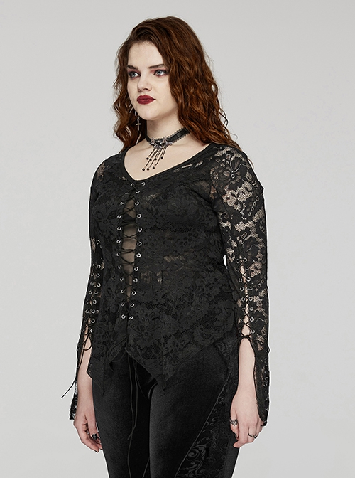 Black Elastic Lace Slim Fit Slightly Transparent Front Cuffs With Tie Design Gothic Style V-Neck Long Sleeved T-Shirt