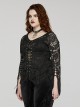 Black Elastic Lace Slim Fit Slightly Transparent Front Cuffs With Tie Design Gothic Style V-Neck Long Sleeved T-Shirt