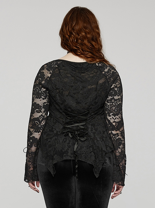 Black Elastic Lace Slim Fit Slightly Transparent Front Cuffs With Tie Design Gothic Style V-Neck Long Sleeved T-Shirt