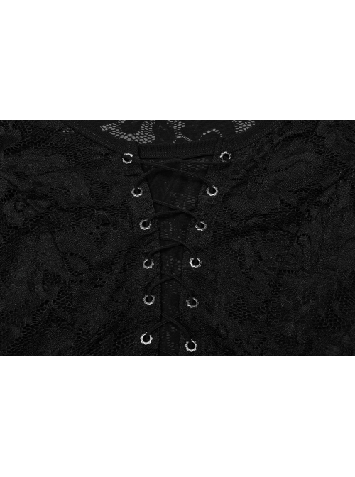 Black Elastic Lace Slim Fit Slightly Transparent Front Cuffs With Tie Design Gothic Style V-Neck Long Sleeved T-Shirt