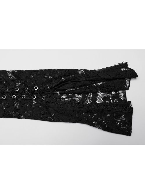 Black Elastic Lace Slim Fit Slightly Transparent Front Cuffs With Tie Design Gothic Style V-Neck Long Sleeved T-Shirt