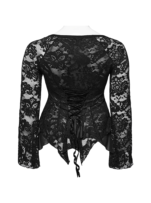 Black Elastic Lace Slim Fit Slightly Transparent Front Cuffs With Tie Design Gothic Style V-Neck Long Sleeved T-Shirt