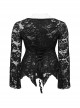 Black Elastic Lace Slim Fit Slightly Transparent Front Cuffs With Tie Design Gothic Style V-Neck Long Sleeved T-Shirt