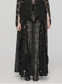 Black Elastic Knitted Patchwork Inverted Triangle Lace Front Lace Decoration Gothic Style Skirt