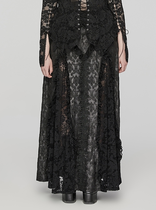 Black Elastic Knitted Patchwork Inverted Triangle Lace Front Lace Decoration Gothic Style Skirt