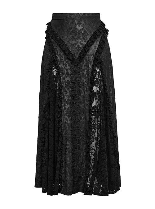 Black Elastic Knitted Patchwork Inverted Triangle Lace Front Lace Decoration Gothic Style Skirt