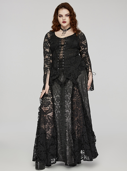 Black Elastic Knitted Patchwork Inverted Triangle Lace Front Lace Decoration Gothic Style Skirt