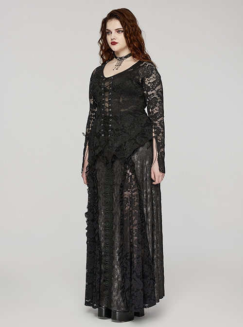 Black Elastic Knitted Patchwork Inverted Triangle Lace Front Lace Decoration Gothic Style Skirt
