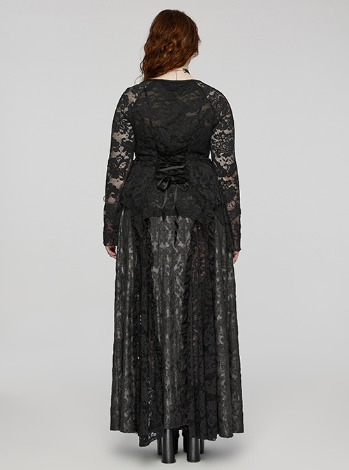 Black Elastic Knitted Patchwork Inverted Triangle Lace Front Lace Decoration Gothic Style Skirt
