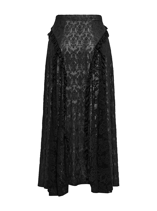 Black Elastic Knitted Patchwork Inverted Triangle Lace Front Lace Decoration Gothic Style Skirt