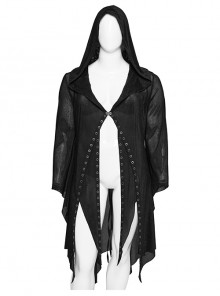 Irregular Black Flocking Fine Mesh Splicing Lace Edge Corn Decoration Gothic Style Hooded Drawstring Coat