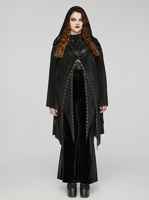 Irregular Black Flocking Fine Mesh Splicing Lace Edge Corn Decoration Gothic Style Hooded Drawstring Coat