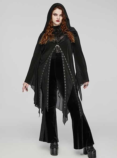 Irregular Black Flocking Fine Mesh Splicing Lace Edge Corn Decoration Gothic Style Hooded Drawstring Coat