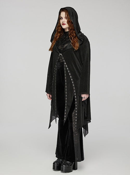 Irregular Black Flocking Fine Mesh Splicing Lace Edge Corn Decoration Gothic Style Hooded Drawstring Coat