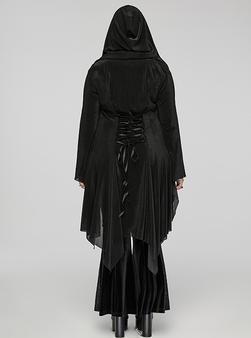 Irregular Black Flocking Fine Mesh Splicing Lace Edge Corn Decoration Gothic Style Hooded Drawstring Coat