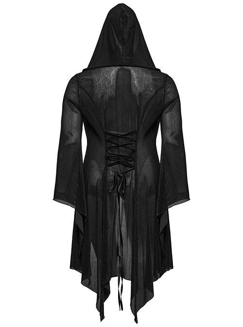 Irregular Black Flocking Fine Mesh Splicing Lace Edge Corn Decoration Gothic Style Hooded Drawstring Coat