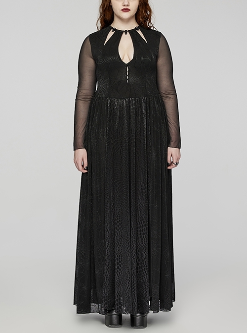 Sexy Black Elastic Spider Web Pattern Hollow Mesh Fabric With Adjustable Laces In The Front Center Gothic Style V-Neck Long Sleeved Dress
