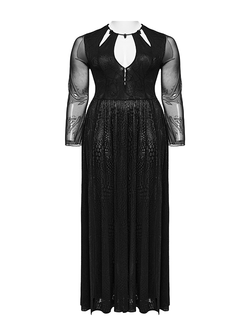 Sexy Black Elastic Spider Web Pattern Hollow Mesh Fabric With Adjustable Laces In The Front Center Gothic Style V-Neck Long Sleeved Dress