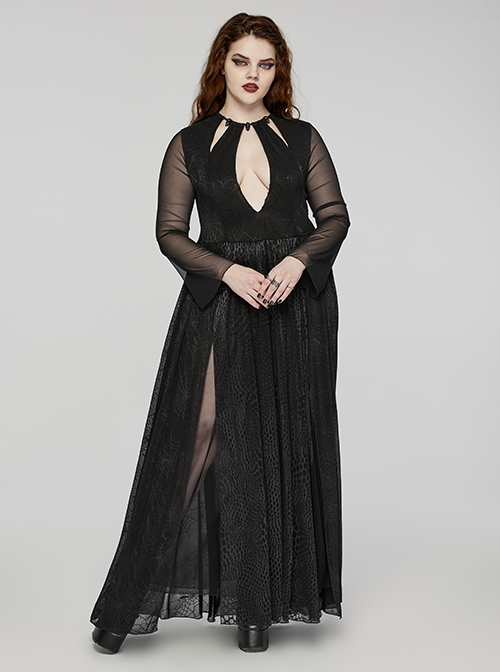 Sexy Black Elastic Spider Web Pattern Hollow Mesh Fabric With Adjustable Laces In The Front Center Gothic Style V-Neck Long Sleeved Dress